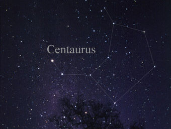 Night sky with many stars, and lines connecting stars to form constellation "Centaurus" with the word "Centaurus" written next to it